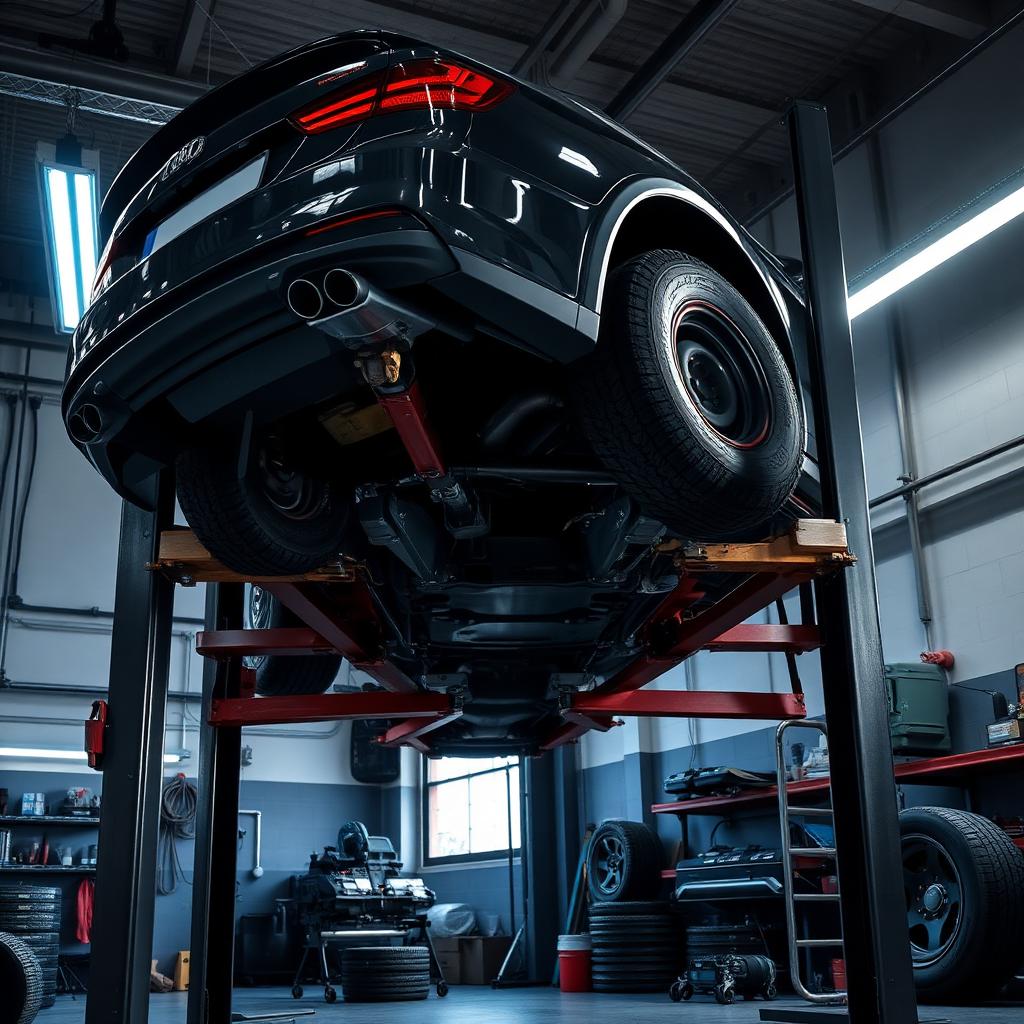 Car raised on a two-post workshop ramp