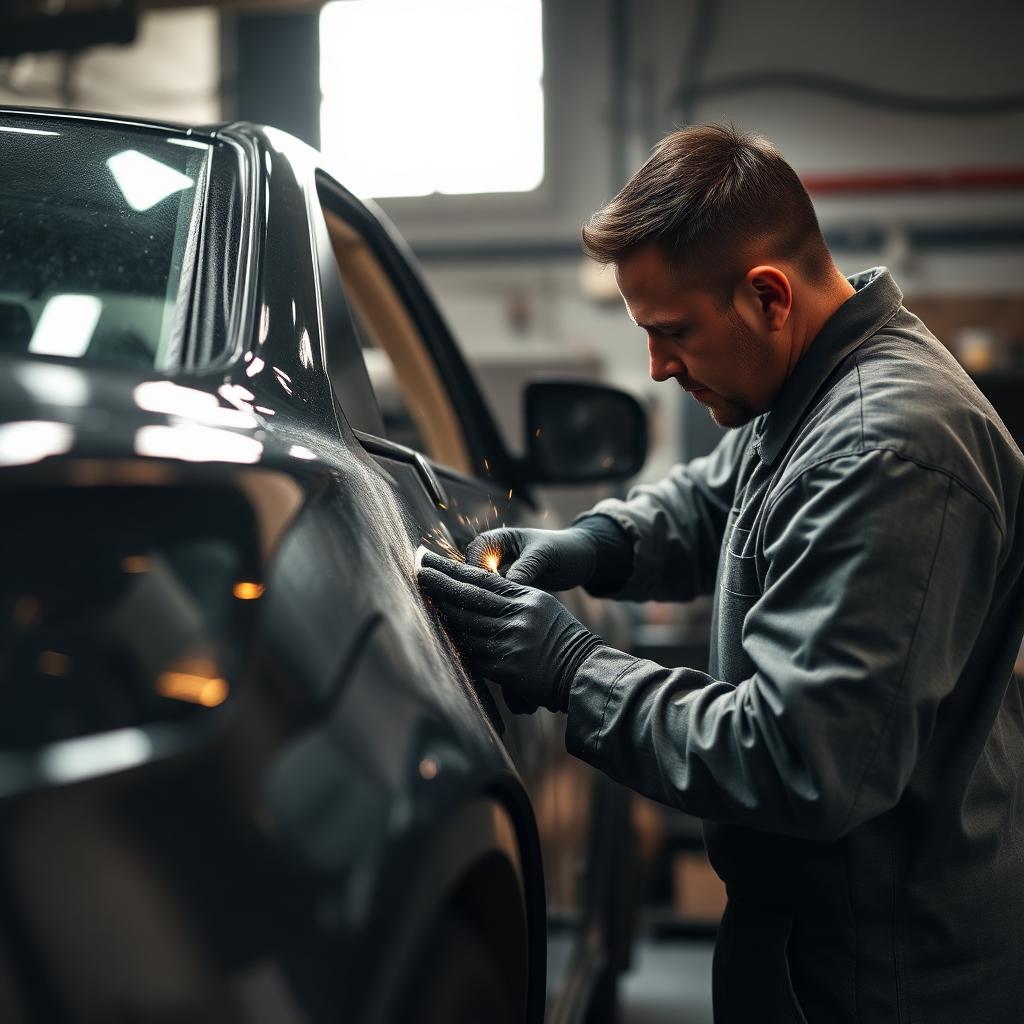 Body technician repairing a vehicle panel